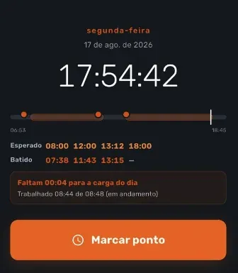 Registro de ponto no app da TagguiRH, com a jornada esperada e as batidas do dia